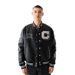 Bershka Men’s Black Varsity Leather-Effect Bomber Jacket – XS